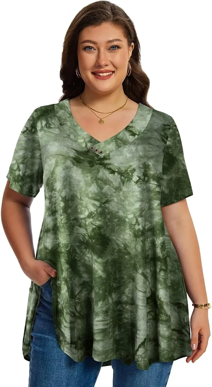 LARACE Plus Size Tops for Womens T Shirts Button Down Summer Clothes Short Sleeve Tunics Casual V Neck Blouses