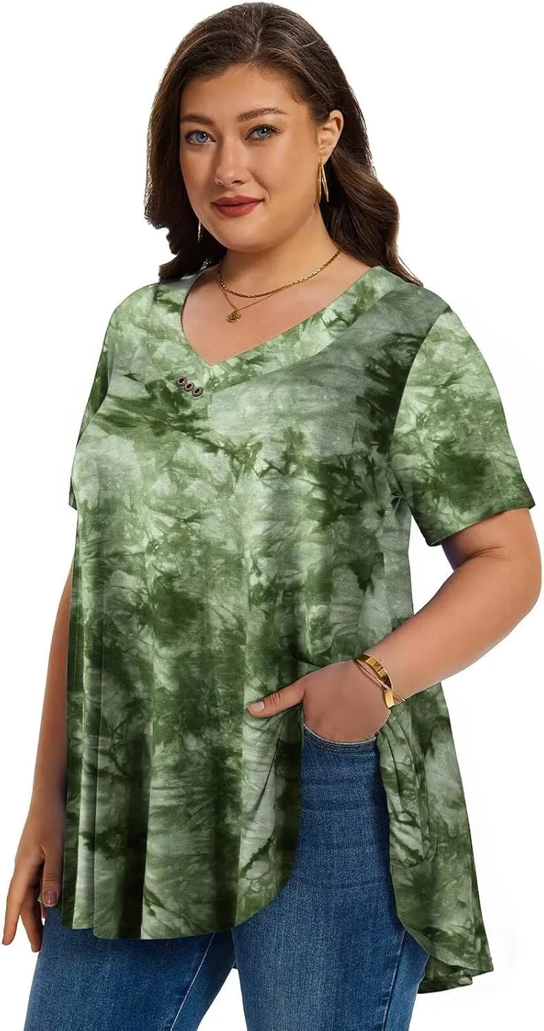 LARACE Plus Size Tops for Womens T Shirts Button Down Summer Clothes Short Sleeve Tunics Casual V Neck Blouses