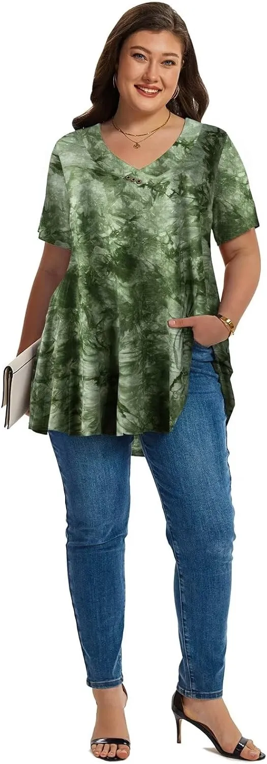 LARACE Plus Size Tops for Womens T Shirts Button Down Summer Clothes Short Sleeve Tunics Casual V Neck Blouses