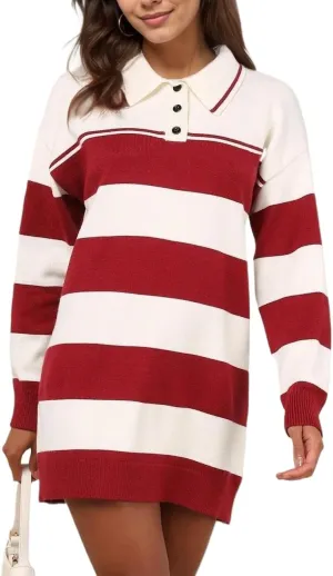 LifeShe Women's Striped Sweater Dress Long Sleeve Knit Pullover Sweaters Loose Tunic Mini Dresses