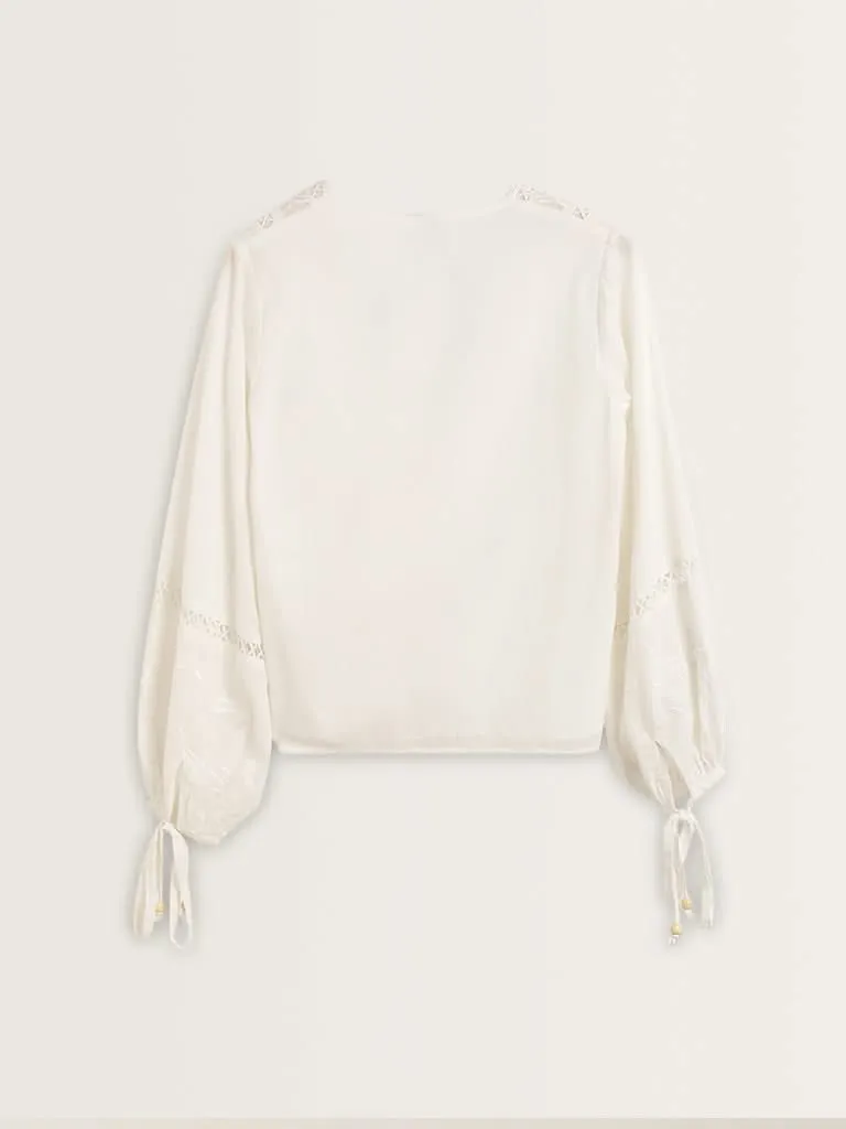 LOV White Floral Embroidered Cotton Blouse