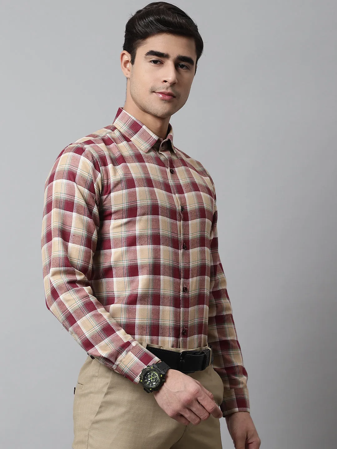 Men Red and Beige Checks Regular Fit Cotton Formal Shirt
