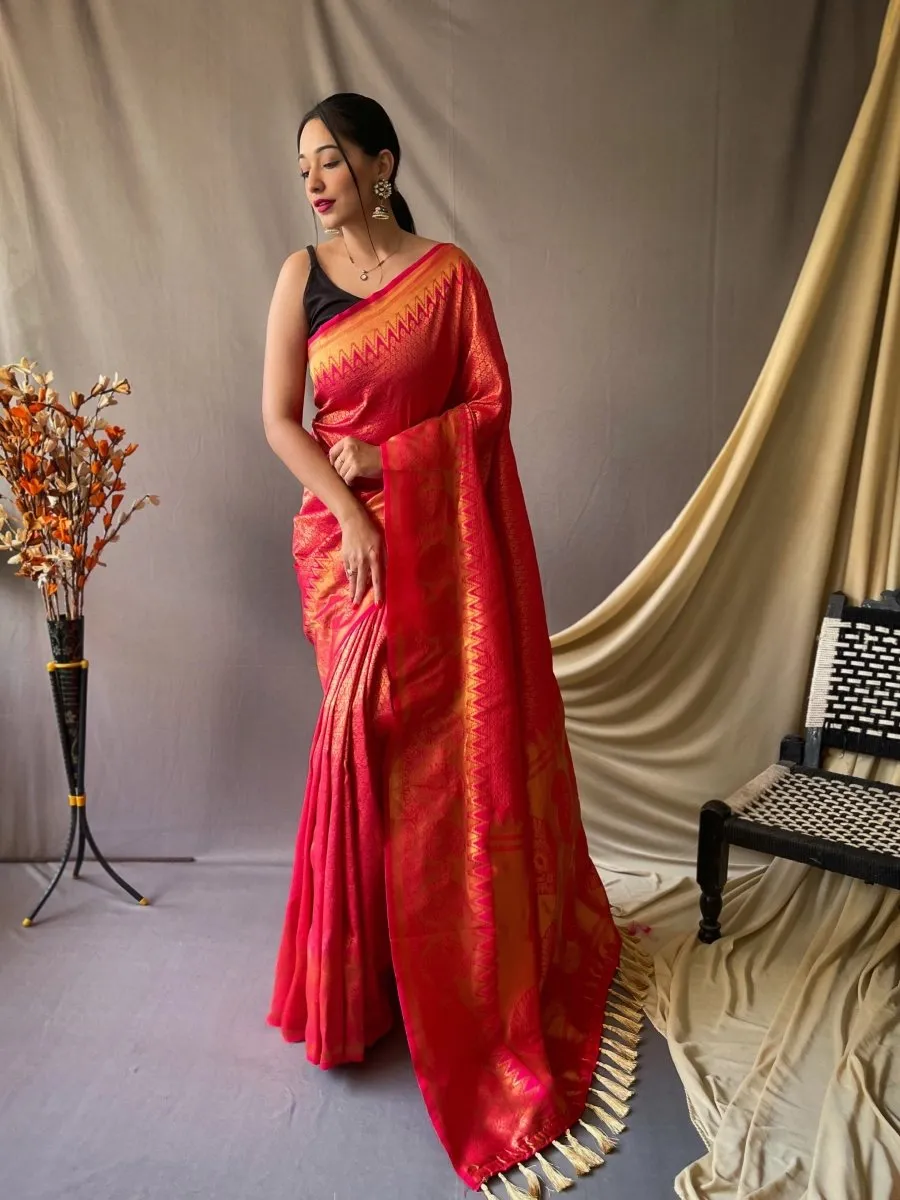 Pinkish Red Saree in Pure Kanjeevaram Silk Woven
