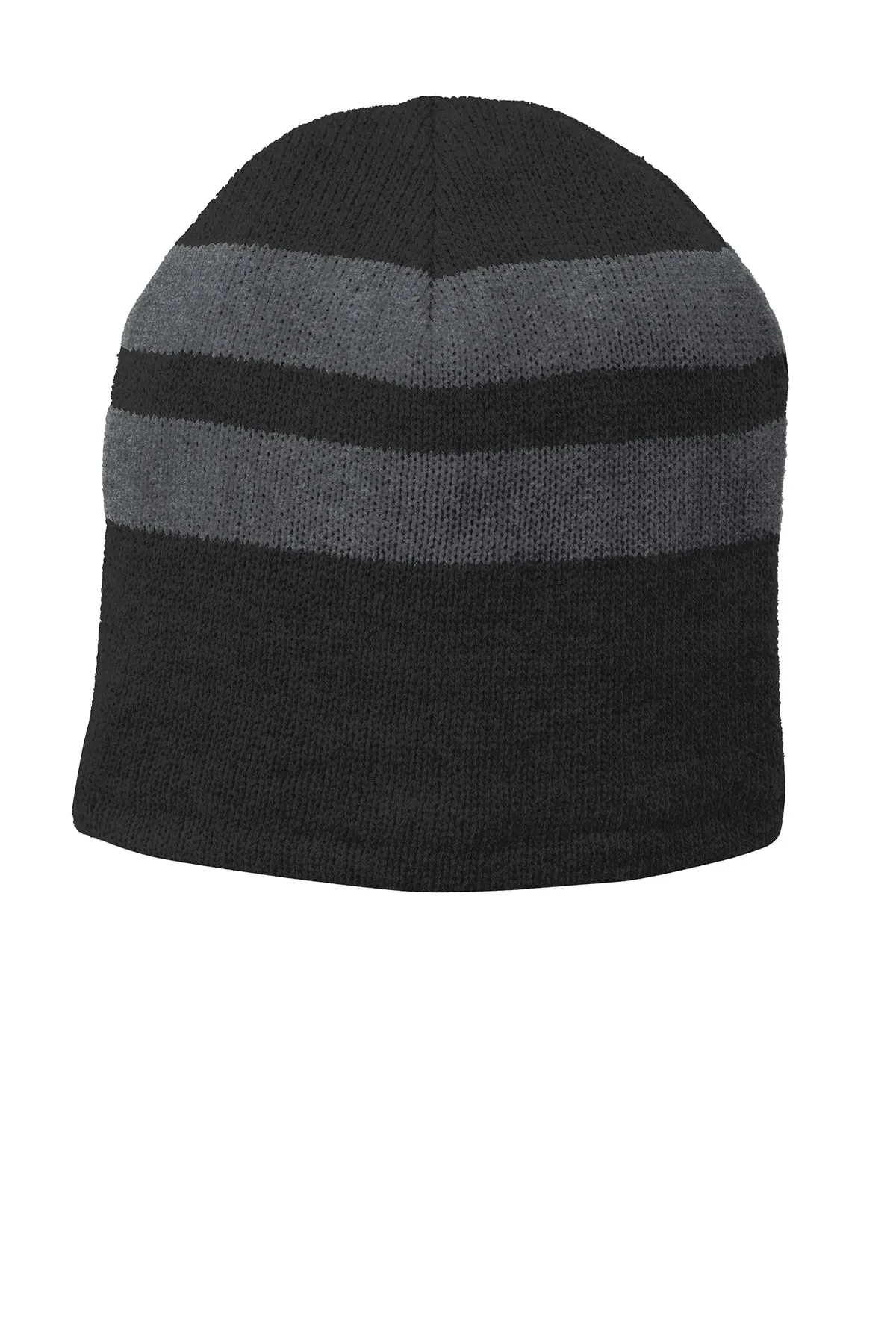 Port & Company Fleece Lined Striped Custom Beanies, Black/ Oxford