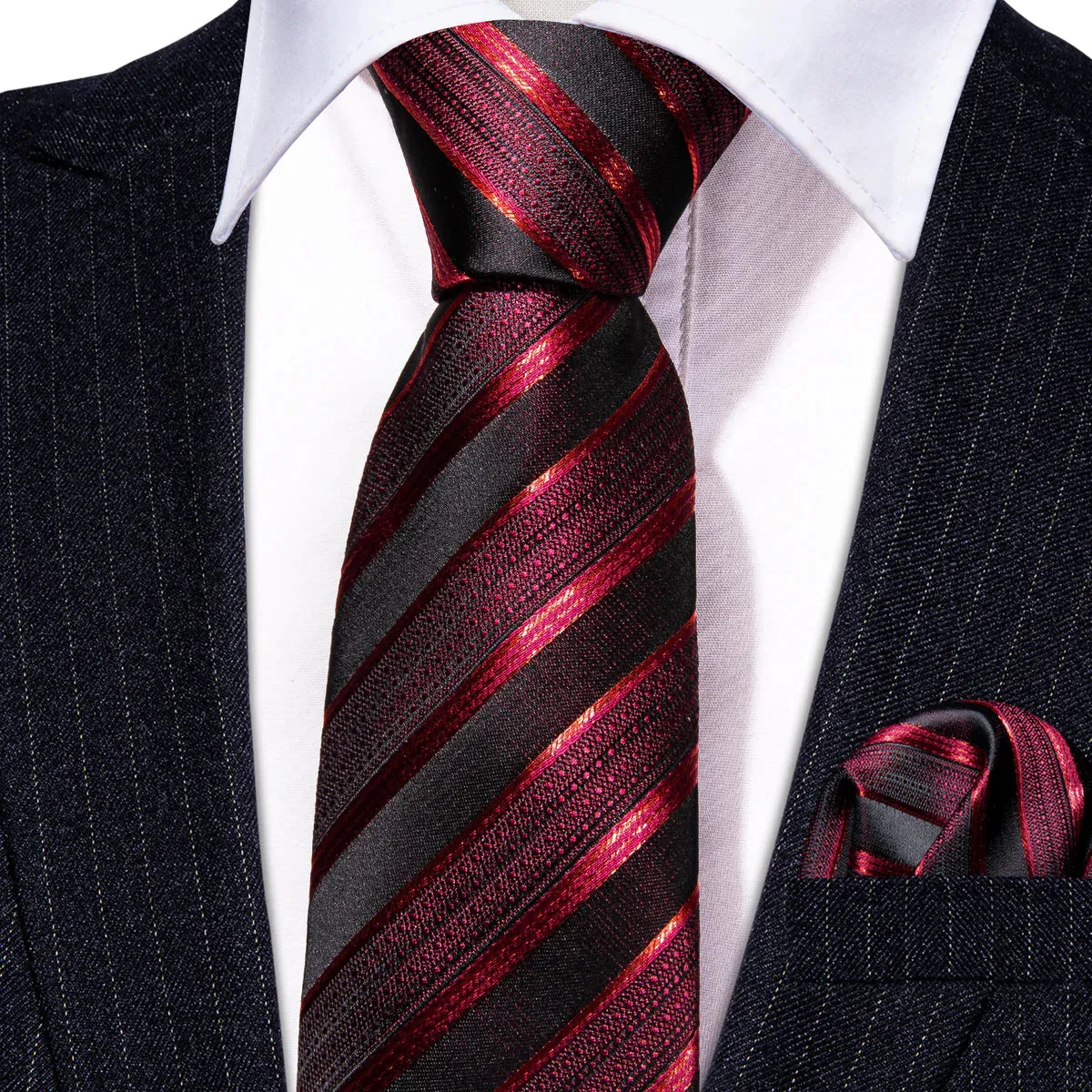 Red Tie Classic Stripe Silk Necktie Pocket Square Cufflinks Set