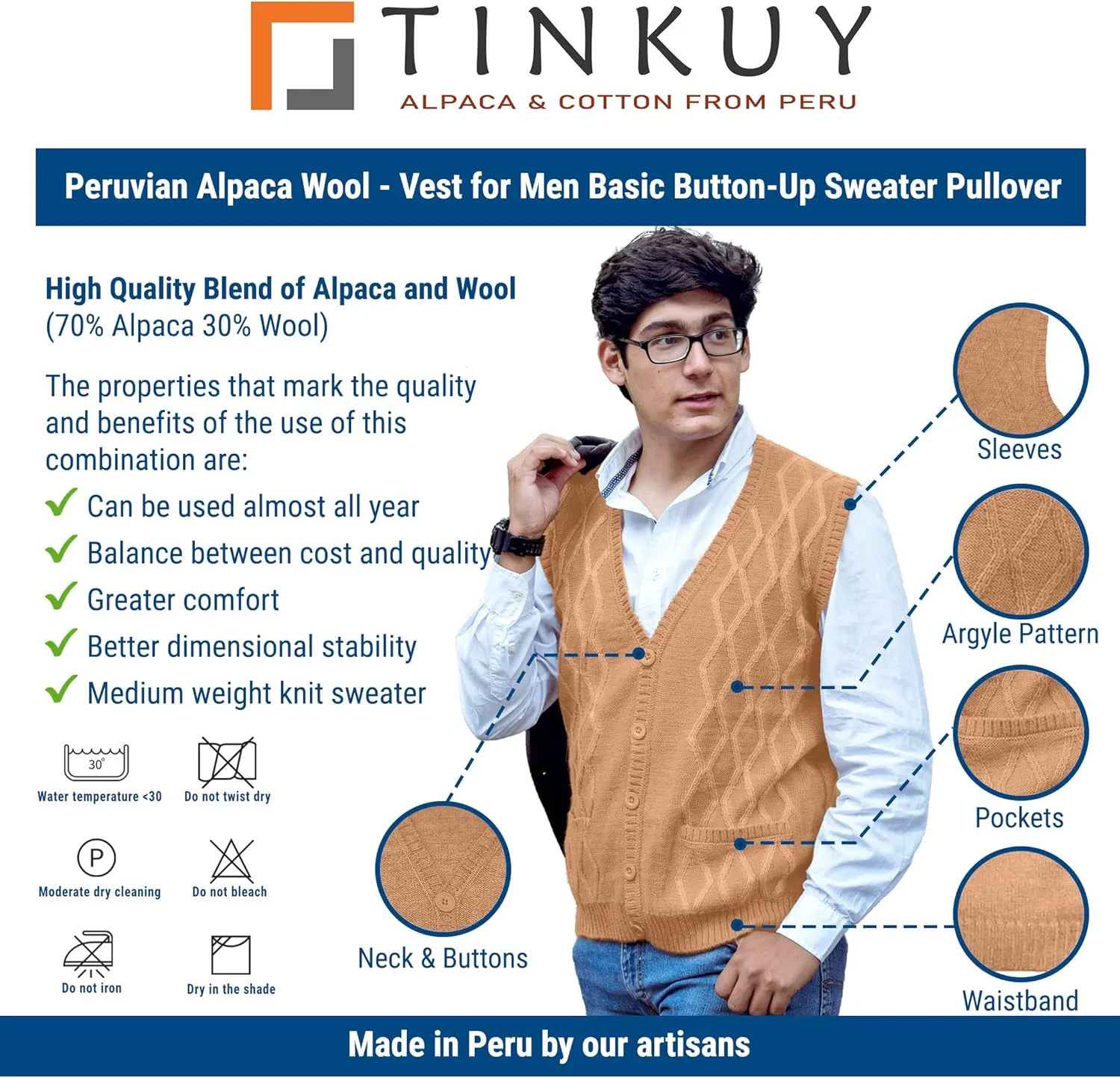 TINKUY Peru Mens Alpaca Wool V Neck Argyle Cardigan Vest, S-4XL