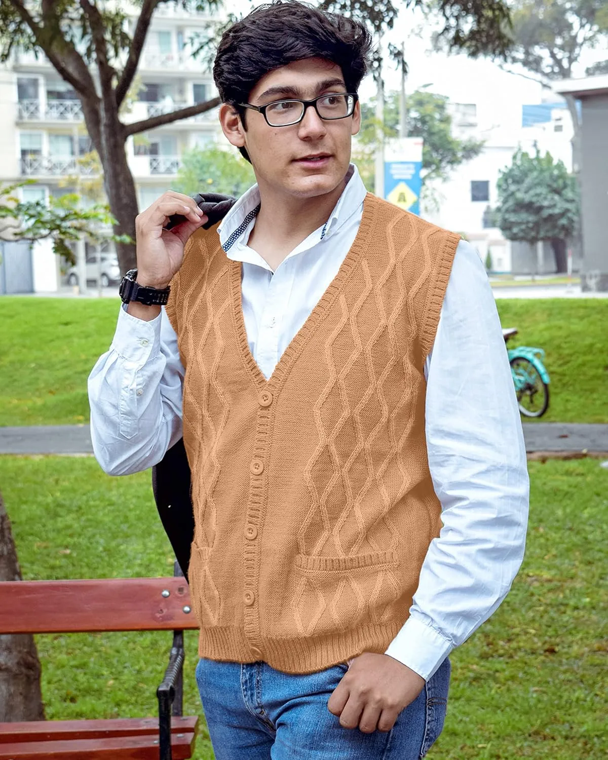 TINKUY Peru Mens Alpaca Wool V Neck Argyle Cardigan Vest, S-4XL