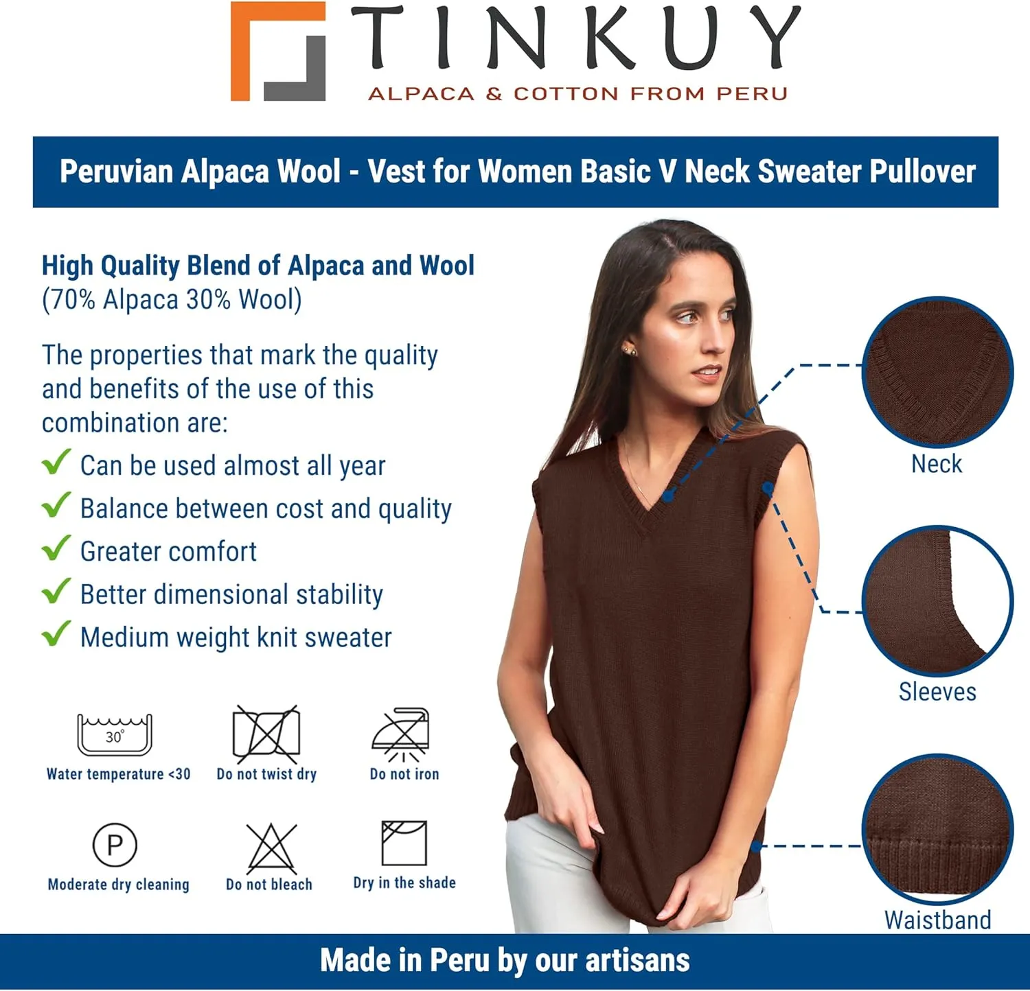 TINKUY Peru Womens Alpaca Wool V Neck Sweater Vest, S-4XL