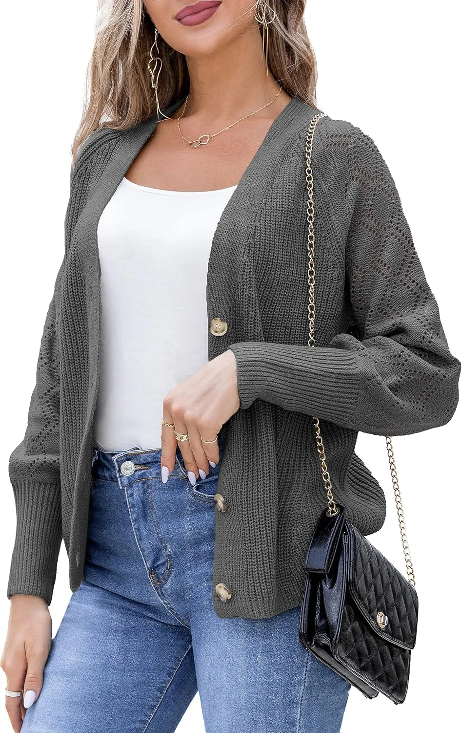 Traleubie Women's Long Sleeve V-Neck Button Down Knit Open Front Cardigan Sweater