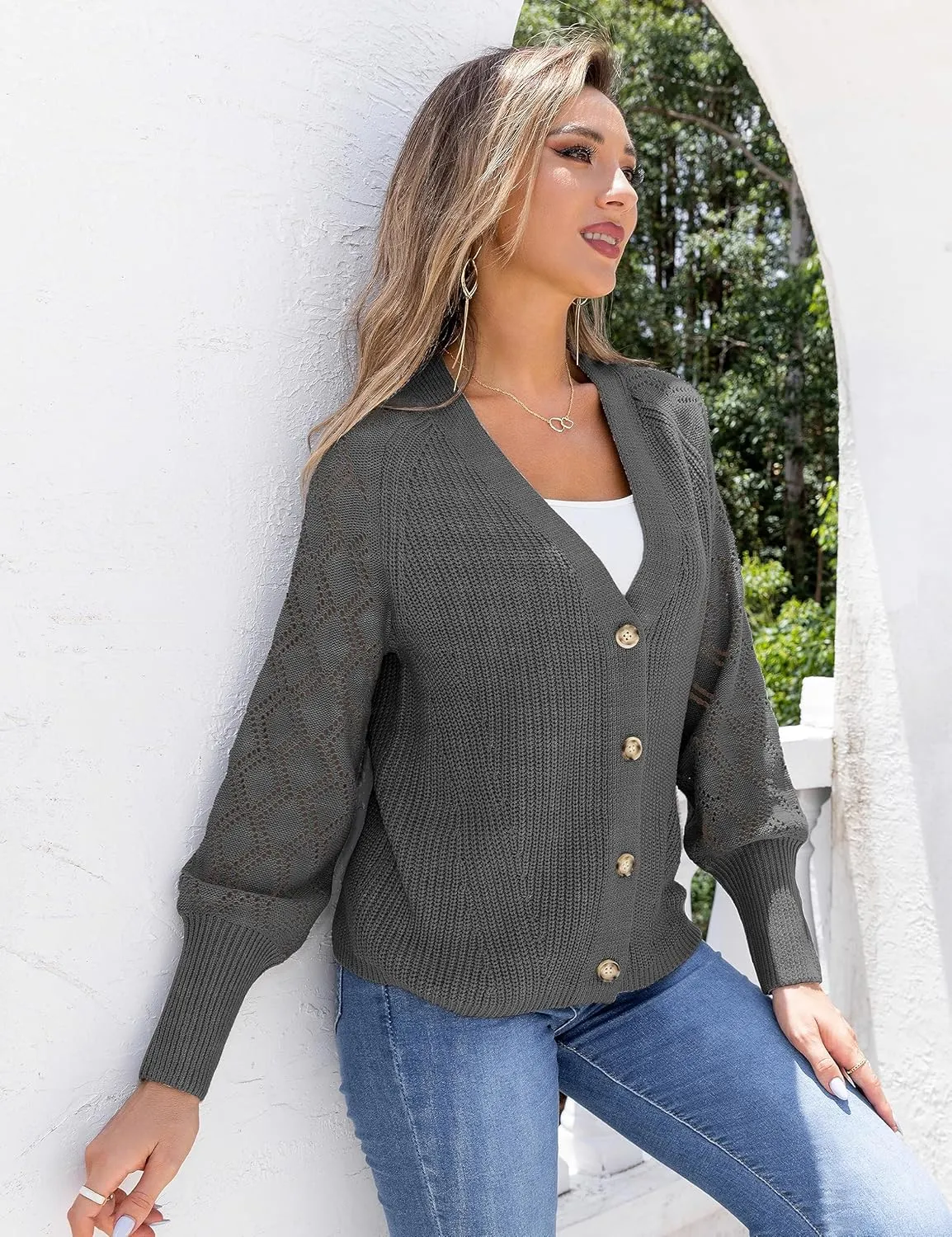 Traleubie Women's Long Sleeve V-Neck Button Down Knit Open Front Cardigan Sweater