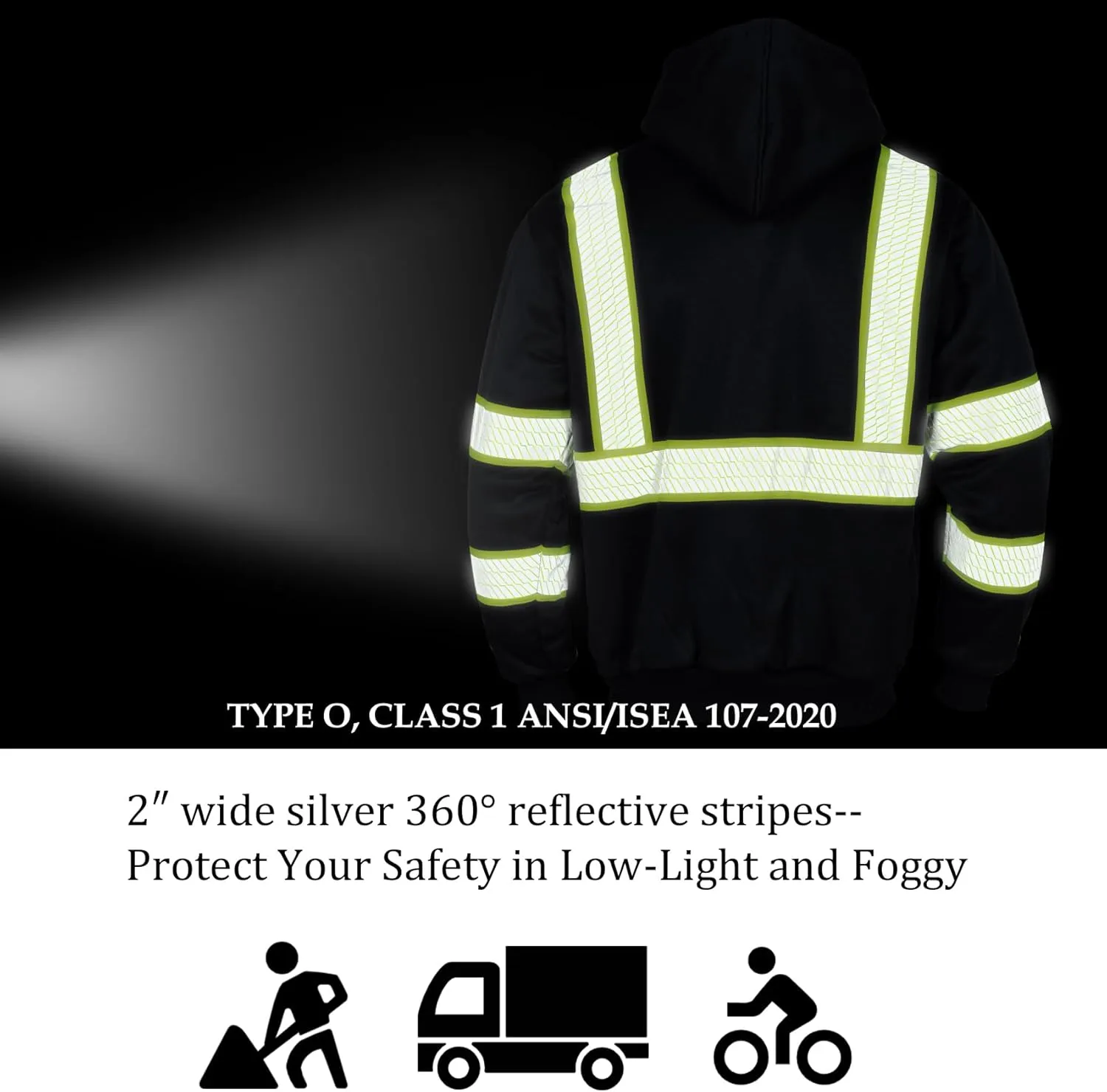 VENDACE Men's ANSI Class 3 High Vis Safety Reflective Sweatshirt Wool Fleece Zipper Jacket Hoodie with Black Bottom(Black,L)