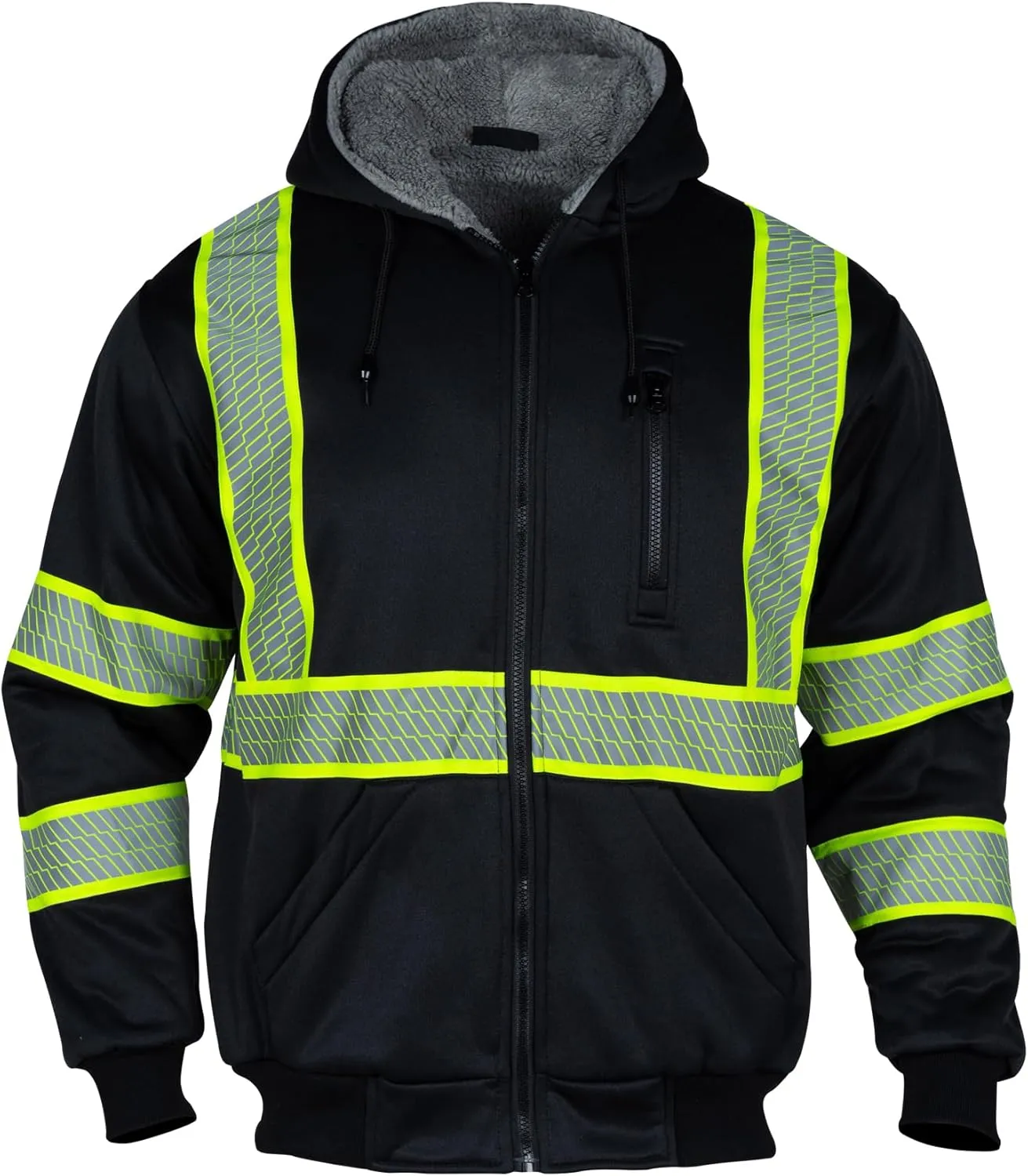 VENDACE Men's ANSI Class 3 High Vis Safety Reflective Sweatshirt Wool Fleece Zipper Jacket Hoodie with Black Bottom(Black,L)