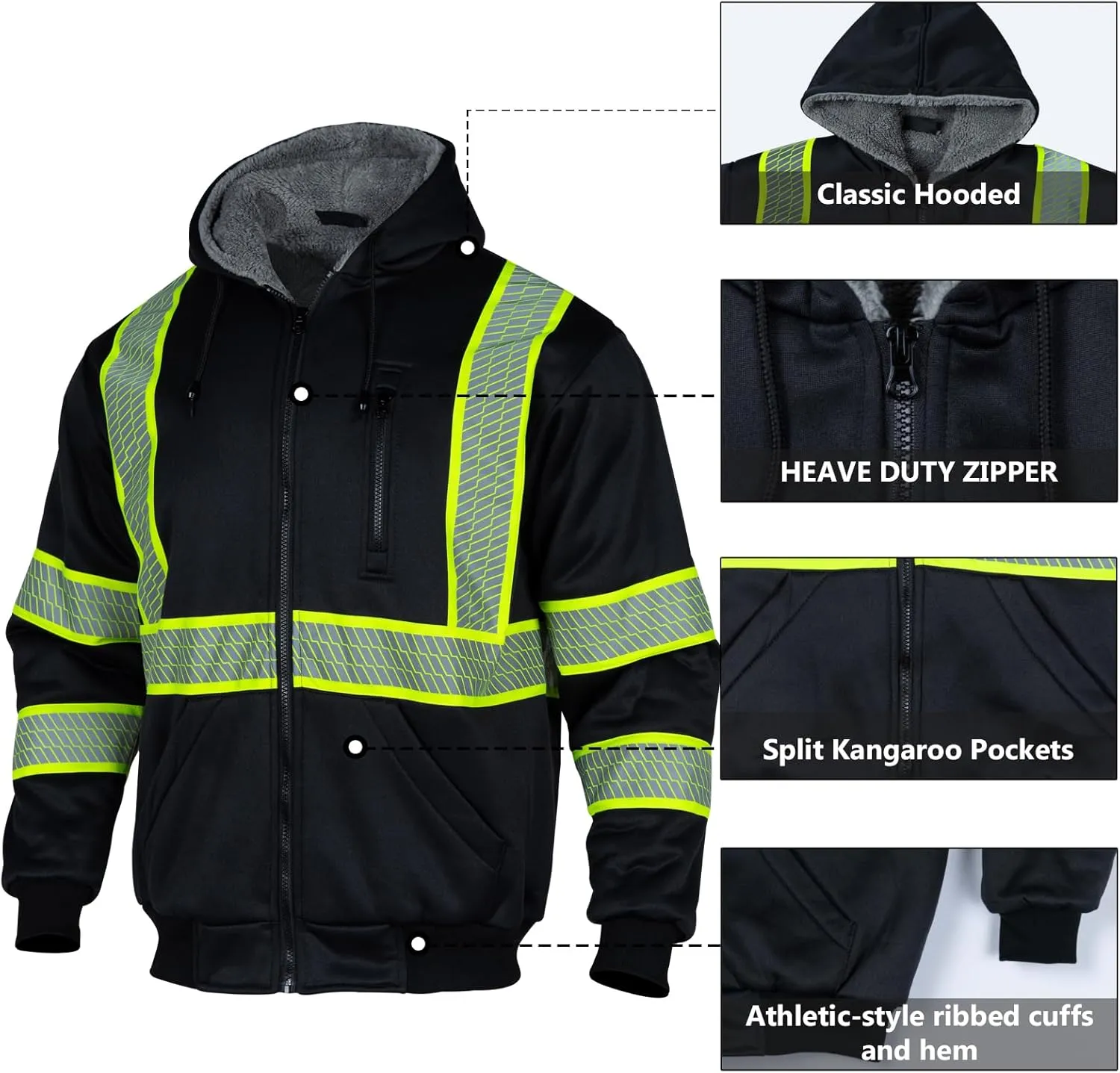 VENDACE Men's ANSI Class 3 High Vis Safety Reflective Sweatshirt Wool Fleece Zipper Jacket Hoodie with Black Bottom(Black,L)
