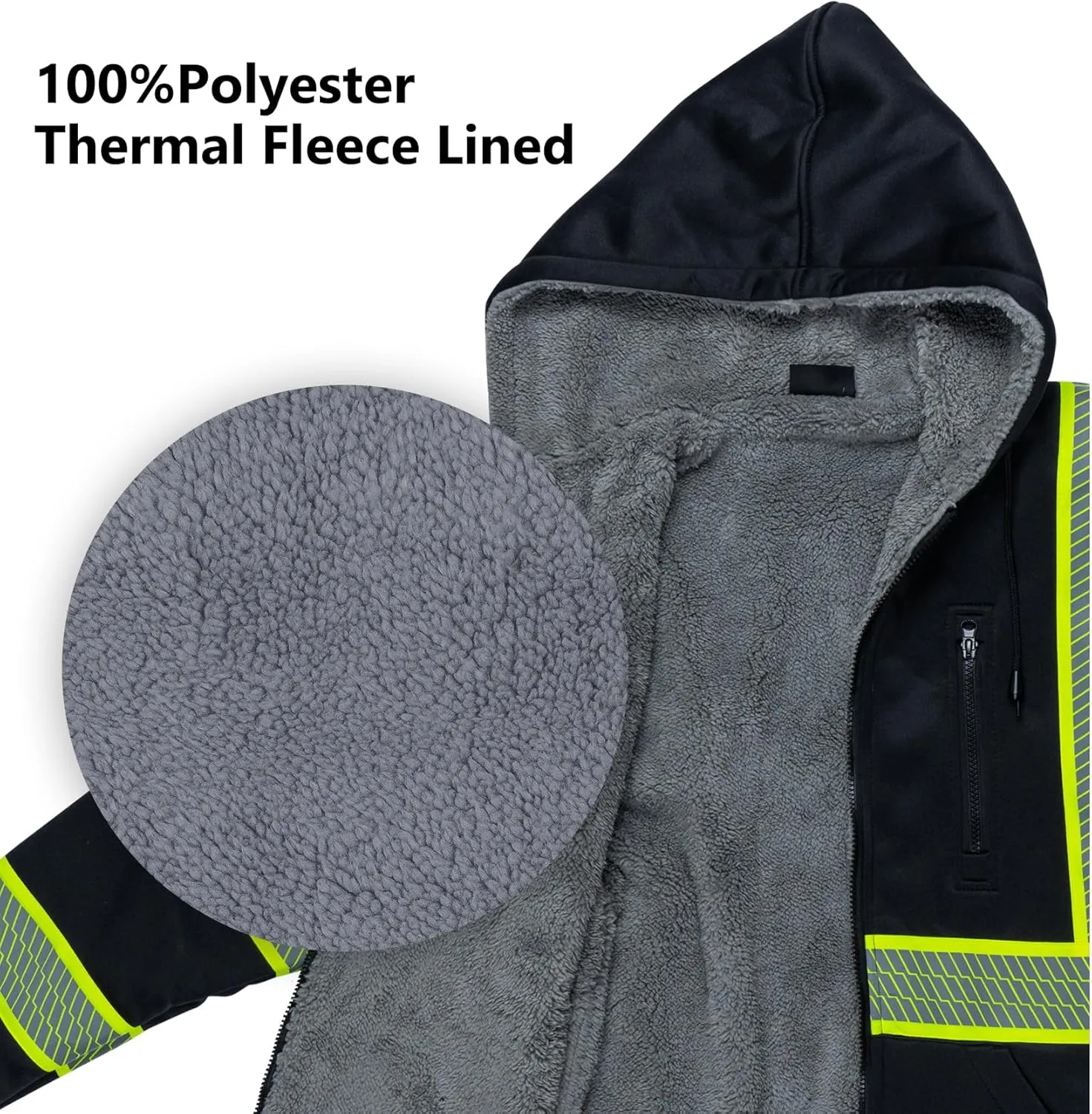 VENDACE Men's ANSI Class 3 High Vis Safety Reflective Sweatshirt Wool Fleece Zipper Jacket Hoodie with Black Bottom(Black,L)