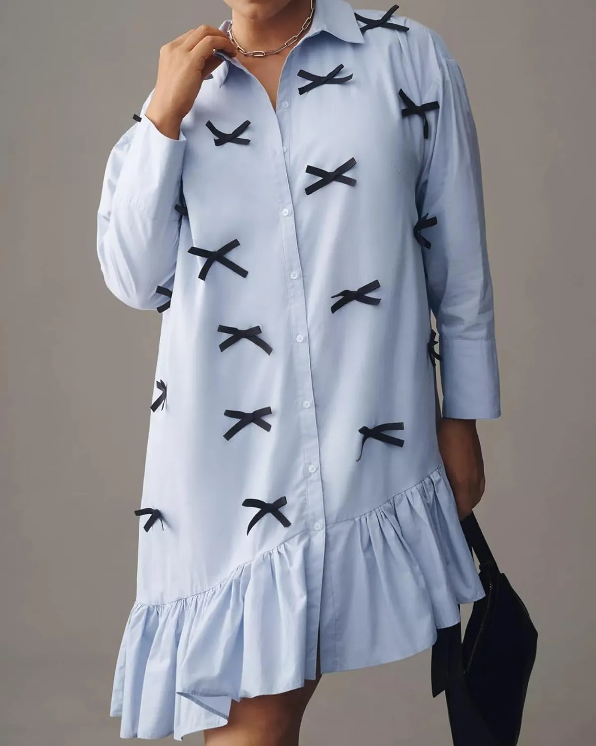Womens Casual Button Down Shirt Dress Long Sleeve Collared Pleated Swing Mini Dresses with Bow