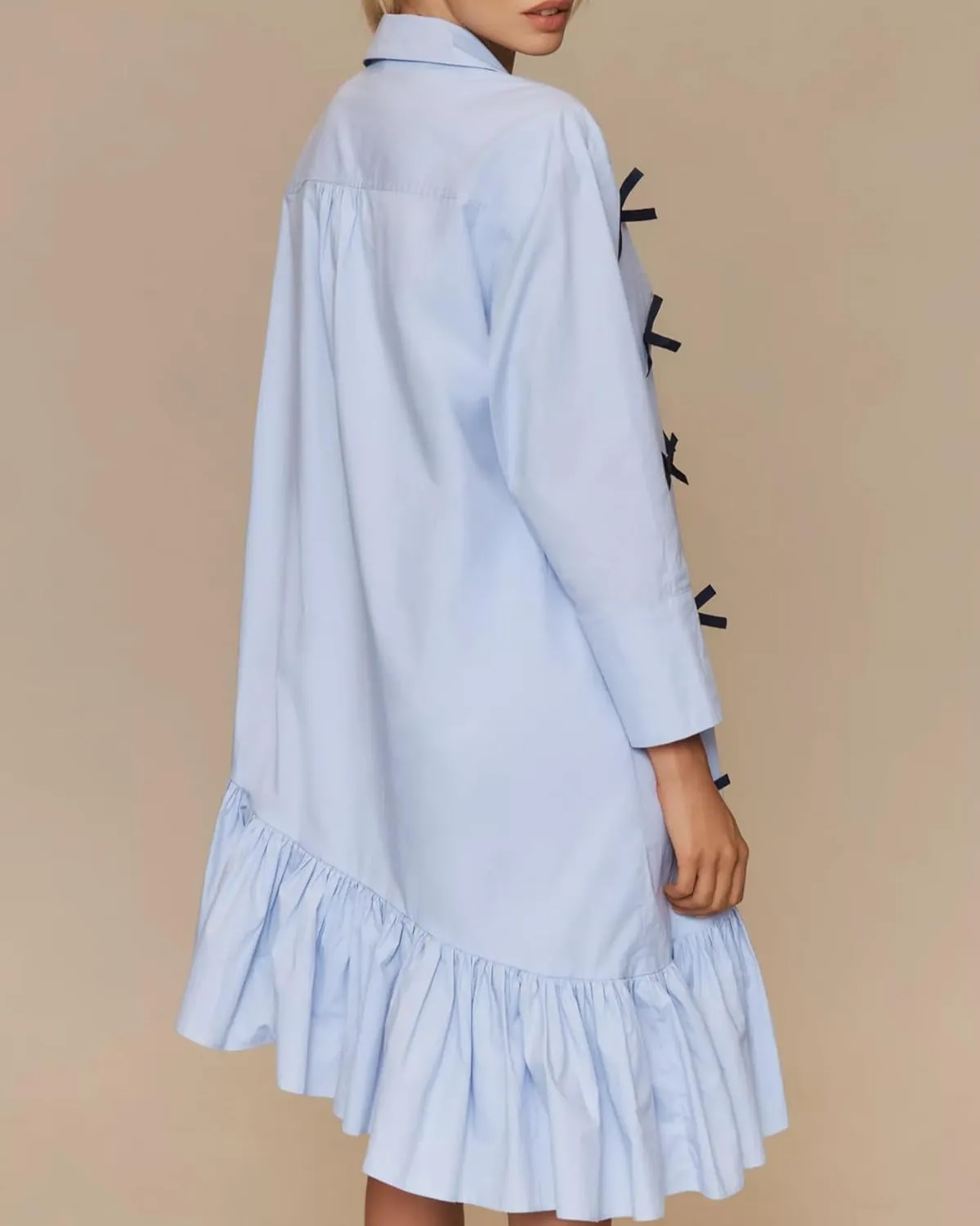 Womens Casual Button Down Shirt Dress Long Sleeve Collared Pleated Swing Mini Dresses with Bow