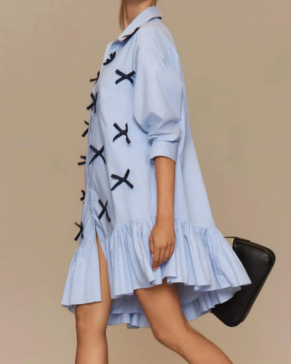 Womens Casual Button Down Shirt Dress Long Sleeve Collared Pleated Swing Mini Dresses with Bow