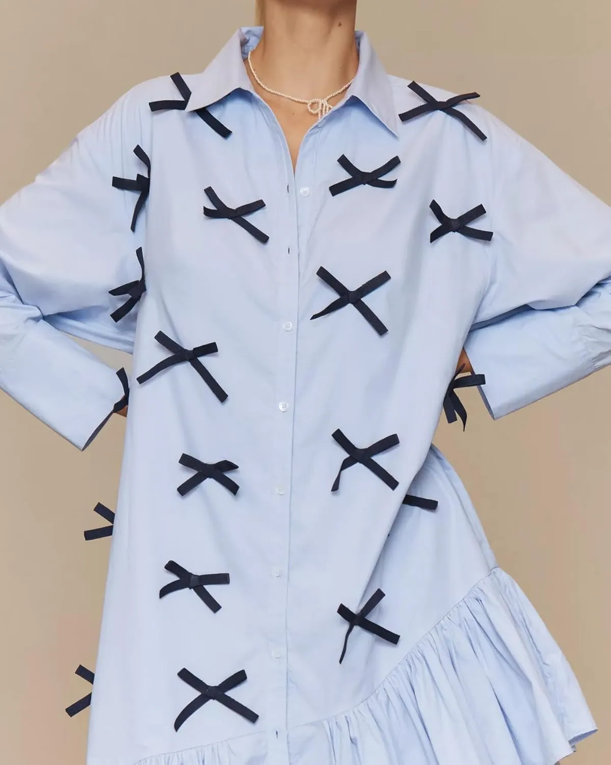 Womens Casual Button Down Shirt Dress Long Sleeve Collared Pleated Swing Mini Dresses with Bow