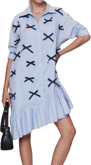 Womens Casual Button Down Shirt Dress Long Sleeve Collared Pleated Swing Mini Dresses with Bow