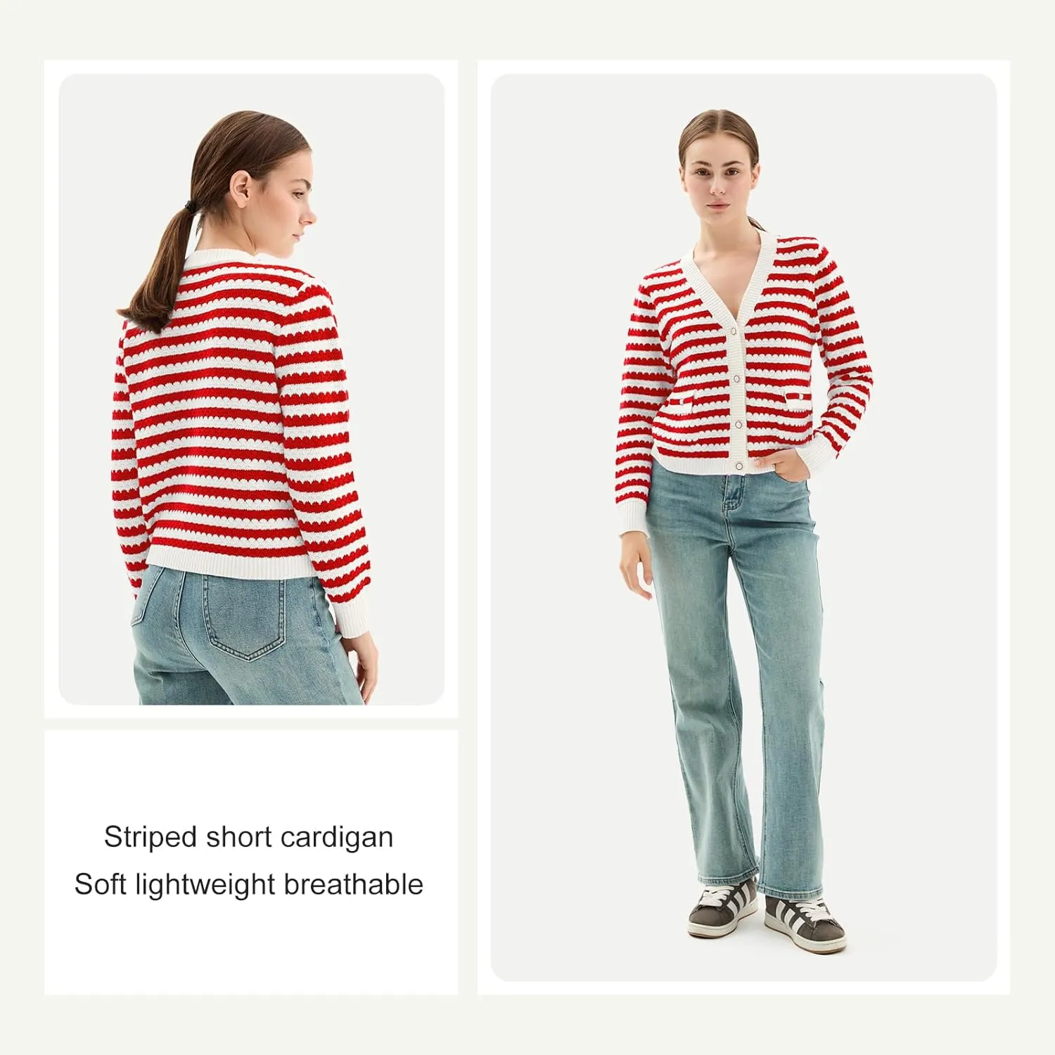 Women's Crop Sweaters Long Sleeve V Neck Striped Sweater Ribbed Knit Short Cardigan Button Up Tops