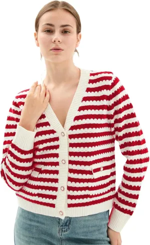 Women's Crop Sweaters Long Sleeve V Neck Striped Sweater Ribbed Knit Short Cardigan Button Up Tops