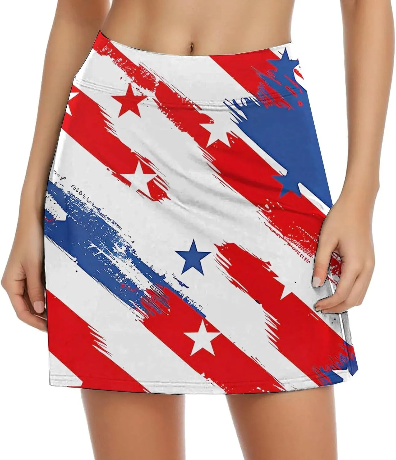 Women's Independence Day Printed Elastic Waist Pocketed Double Layer Gym Skirt Long Satin Dress Plus Size