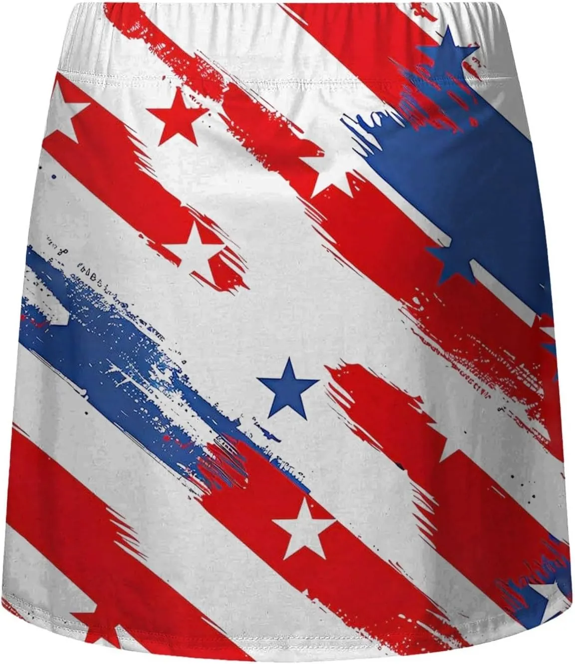 Women's Independence Day Printed Elastic Waist Pocketed Double Layer Gym Skirt Long Satin Dress Plus Size