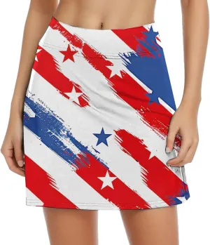 Women's Independence Day Printed Elastic Waist Pocketed Double Layer Gym Skirt Long Satin Dress Plus Size