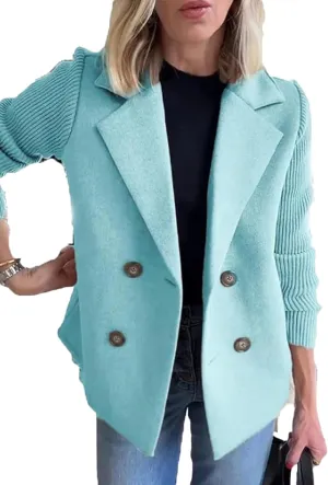 Women's Lapel Button Knitted Patchwork Sleeve Casual Coat Cropped Sweater Blazer Women Knit Blazer