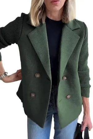 Women's Lapel Button Knitted Patchwork Sleeve Casual Coat Cropped Sweater Blazer Women Knit Blazer