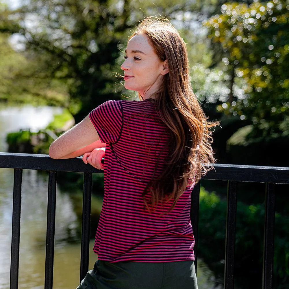 Womens Merino 150 Roll Sleeve Tee (Mini Stripe Wine/Fuchsia)