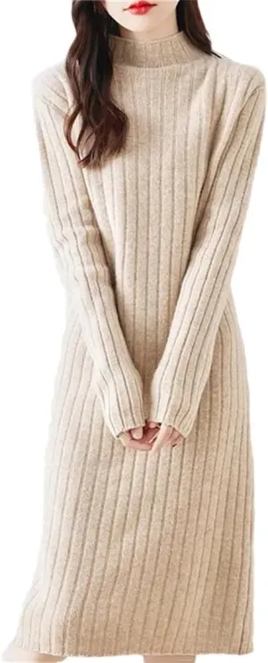 Women's Wool Knit Dress Long Sleeve Turtleneck Solid Straight Midi Sweaters Dresses