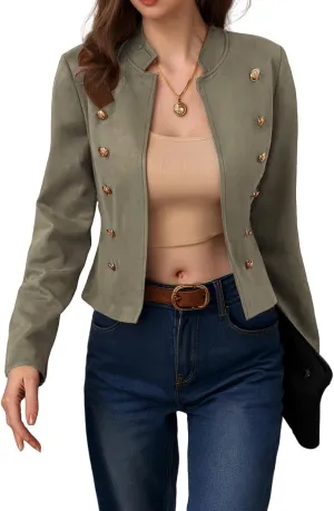 ZWRXW Women's Cropped Long Sleeve Blazers Double Breasted Slim Fit Solid Suit Jacket Fall Winter Stand Collar Blazer Outwear