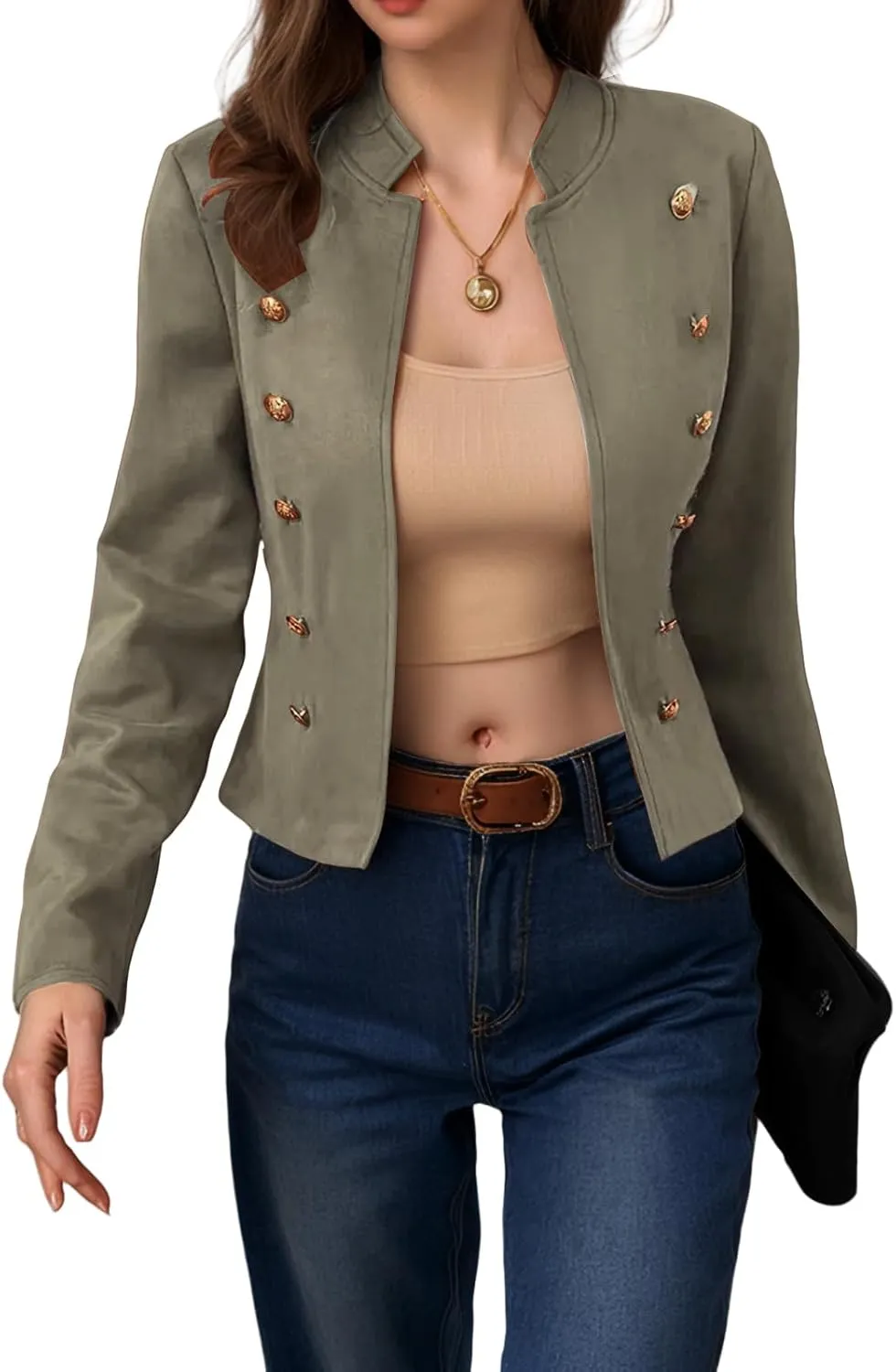 ZWRXW Women's Cropped Long Sleeve Blazers Double Breasted Slim Fit Solid Suit Jacket Fall Winter Stand Collar Blazer Outwear