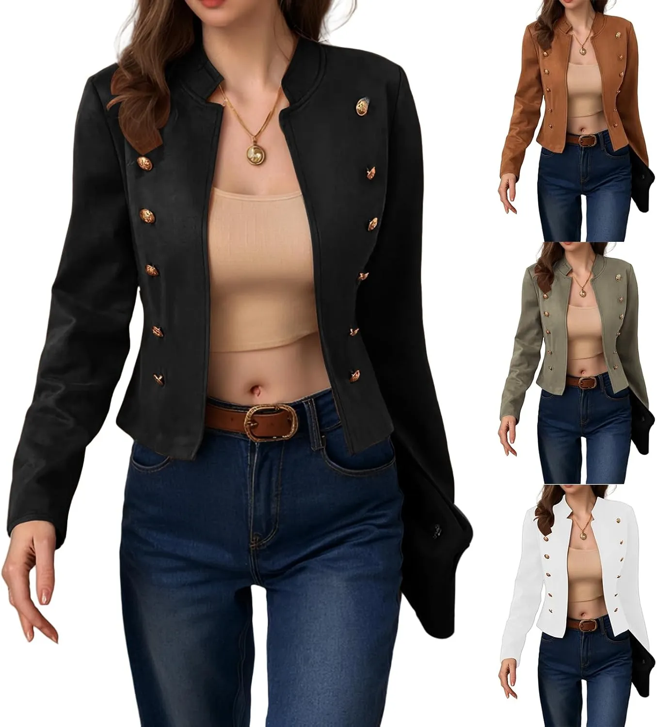 ZWRXW Women's Cropped Long Sleeve Blazers Double Breasted Slim Fit Solid Suit Jacket Fall Winter Stand Collar Blazer Outwear
