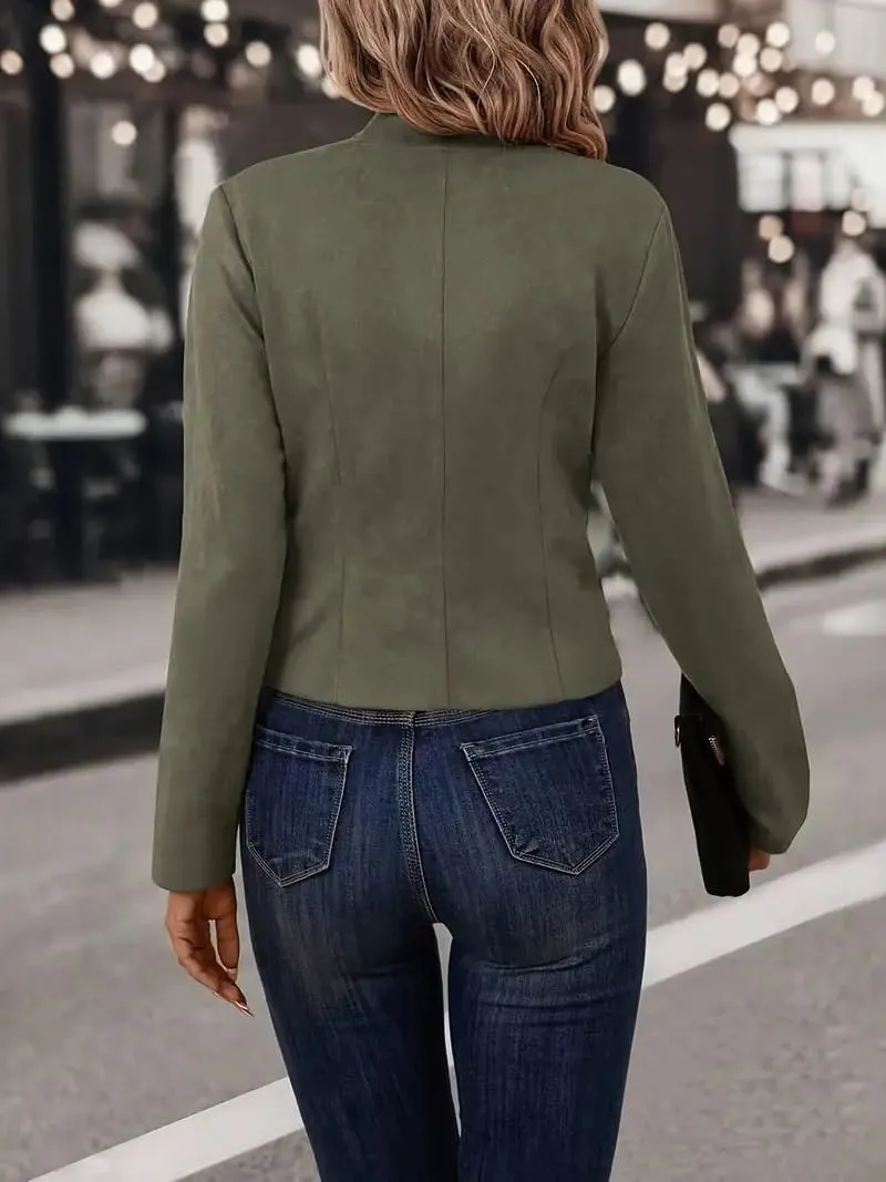 ZWRXW Women's Cropped Long Sleeve Blazers Double Breasted Slim Fit Solid Suit Jacket Fall Winter Stand Collar Blazer Outwear
