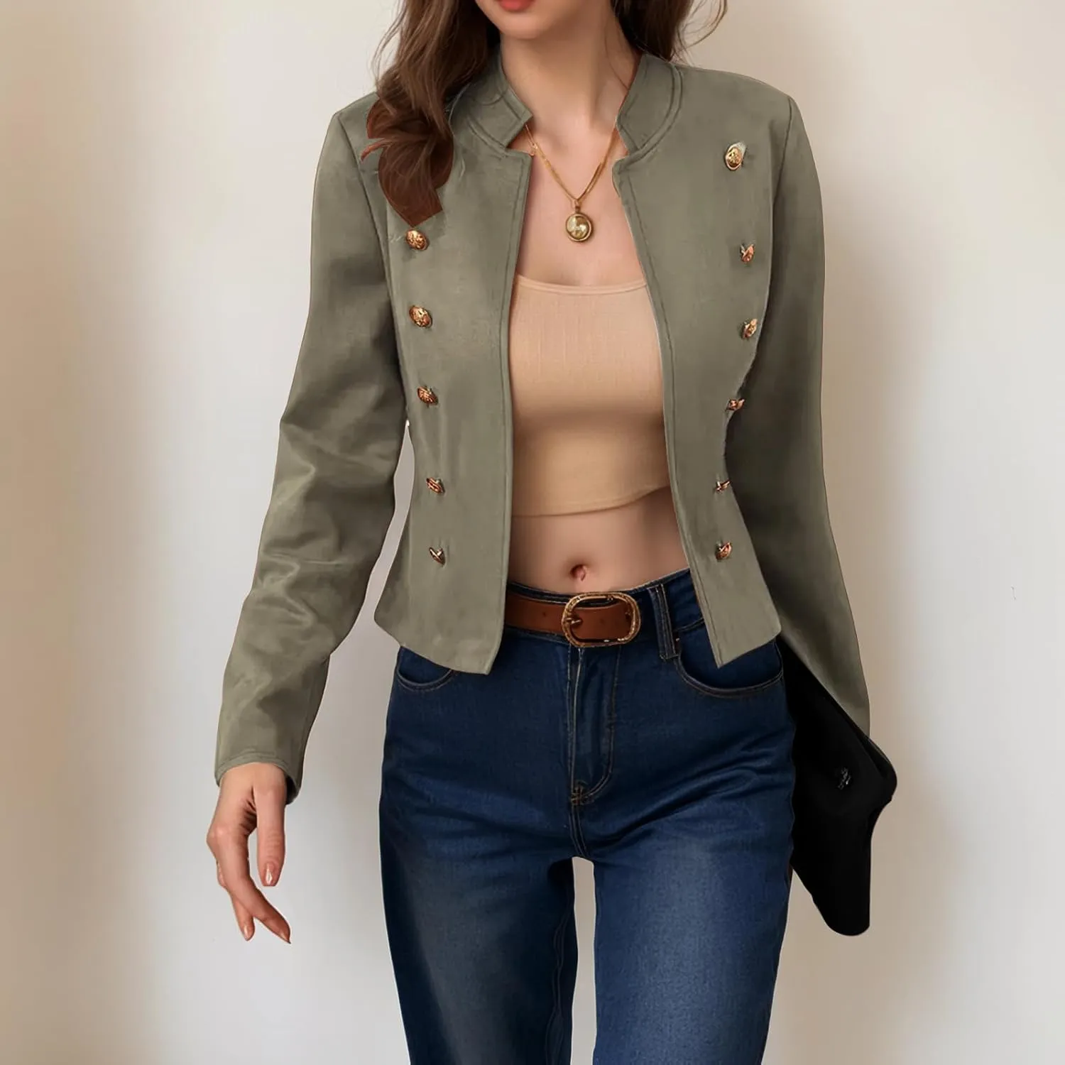 ZWRXW Women's Cropped Long Sleeve Blazers Double Breasted Slim Fit Solid Suit Jacket Fall Winter Stand Collar Blazer Outwear